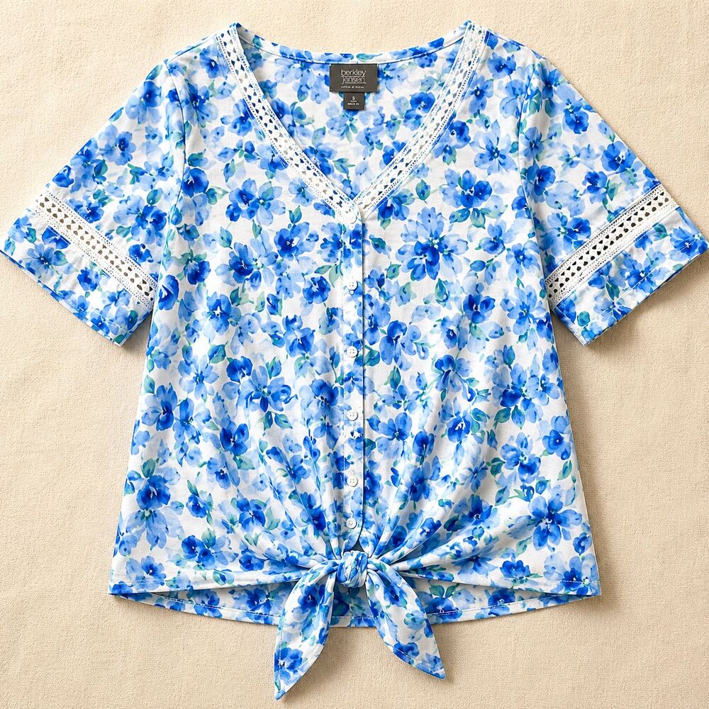 Floral Tie Front Blouse Blue Women Smal Berkley Jensen Crochet Trim Cottagecore